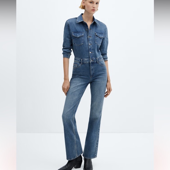 Mango Pants - Mango Soft Denim Jumpsuit in Blue Cotton Long Sleeve Buttons